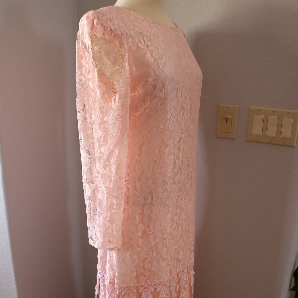 Vintage 80s JOVANI Lace Maxi Dress Wedding Gown Tiered Floral Long Sleeve Pink